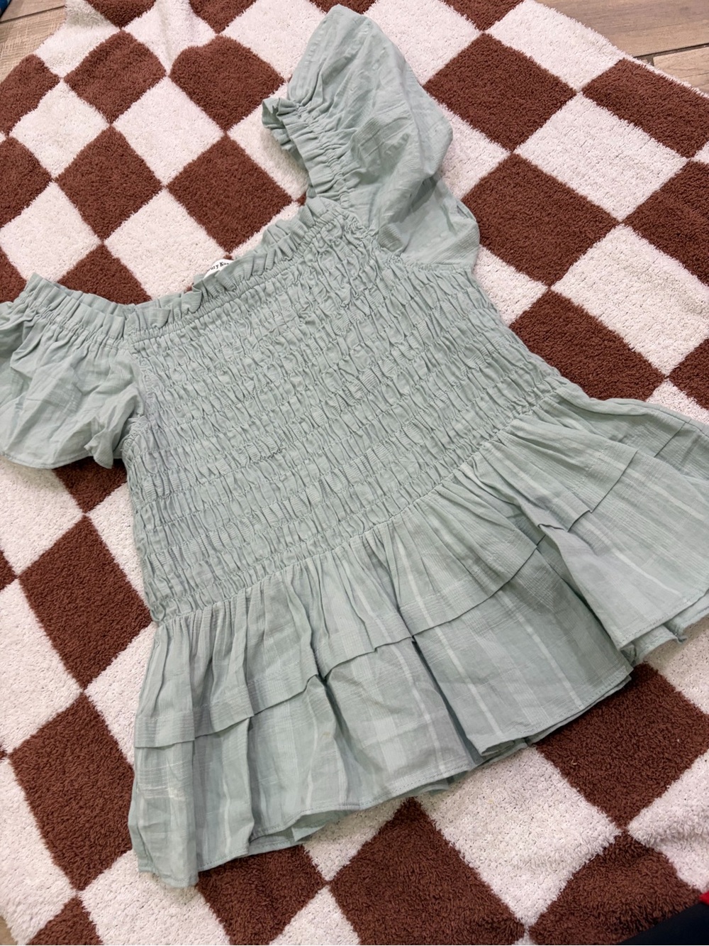 Newbury Kustom Sage Green Smocked Off-Shoulder Ruffle Top